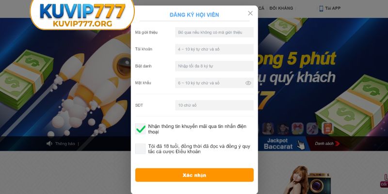 Các bước tạo tài khoản KUVIP777 chính thức