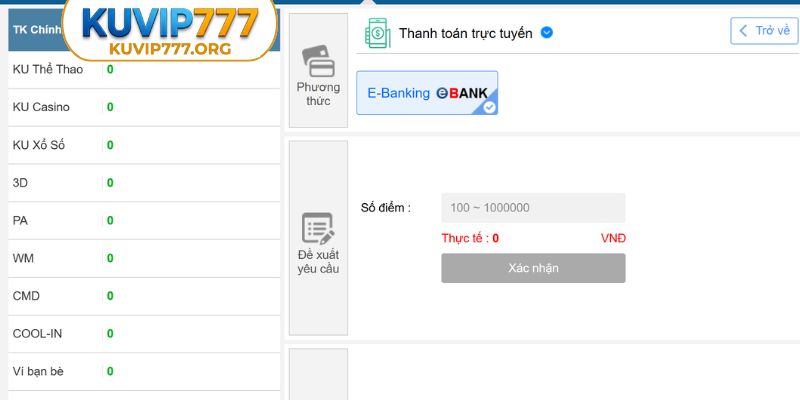 Hướng dẫn nạp tiền chơi thể thao KUVIP777