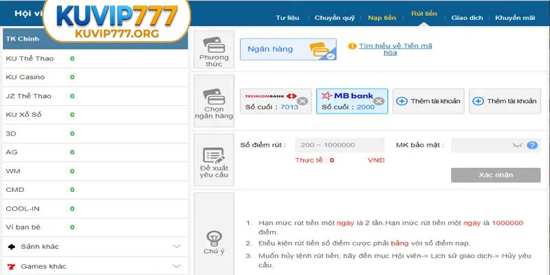 Thủ tục rút tiền KUVIP777 qua ngân hàng 